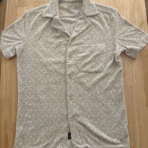 Men's Faherty Terry camp collar button up shirt size XS tan and beige patterned